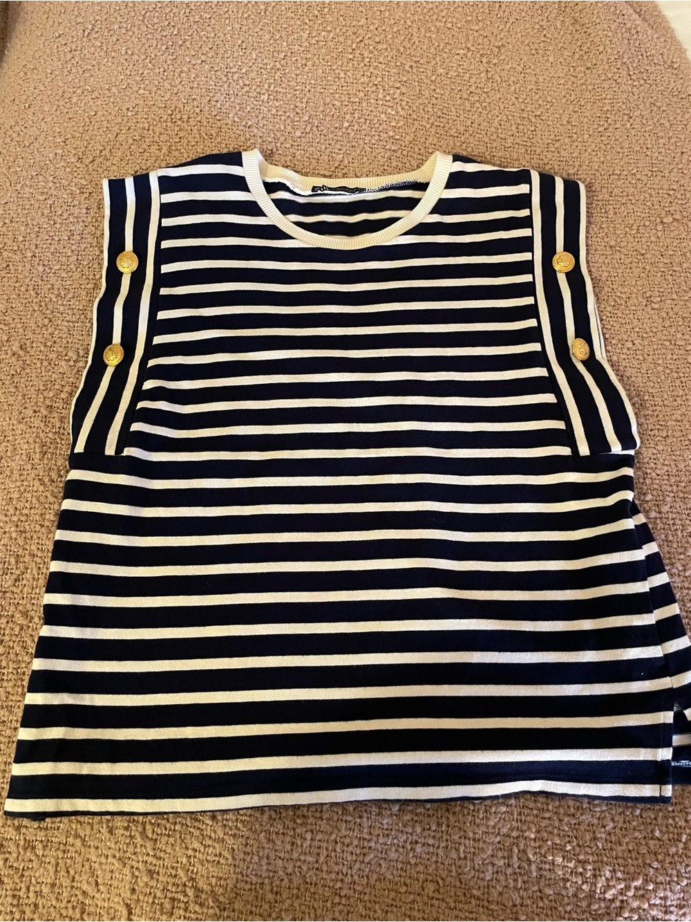 Zara Striped Cap Sleeve Knit Top with Gold Shoulder Buttons-Medium